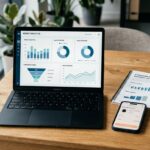 Badania rynku e-commerce - dashboard z analityką sprzedaży i konwersji na laptopie, smartfon z procesem zakupowym oraz raport "Consumer Behavior Report 2024" na biurku.