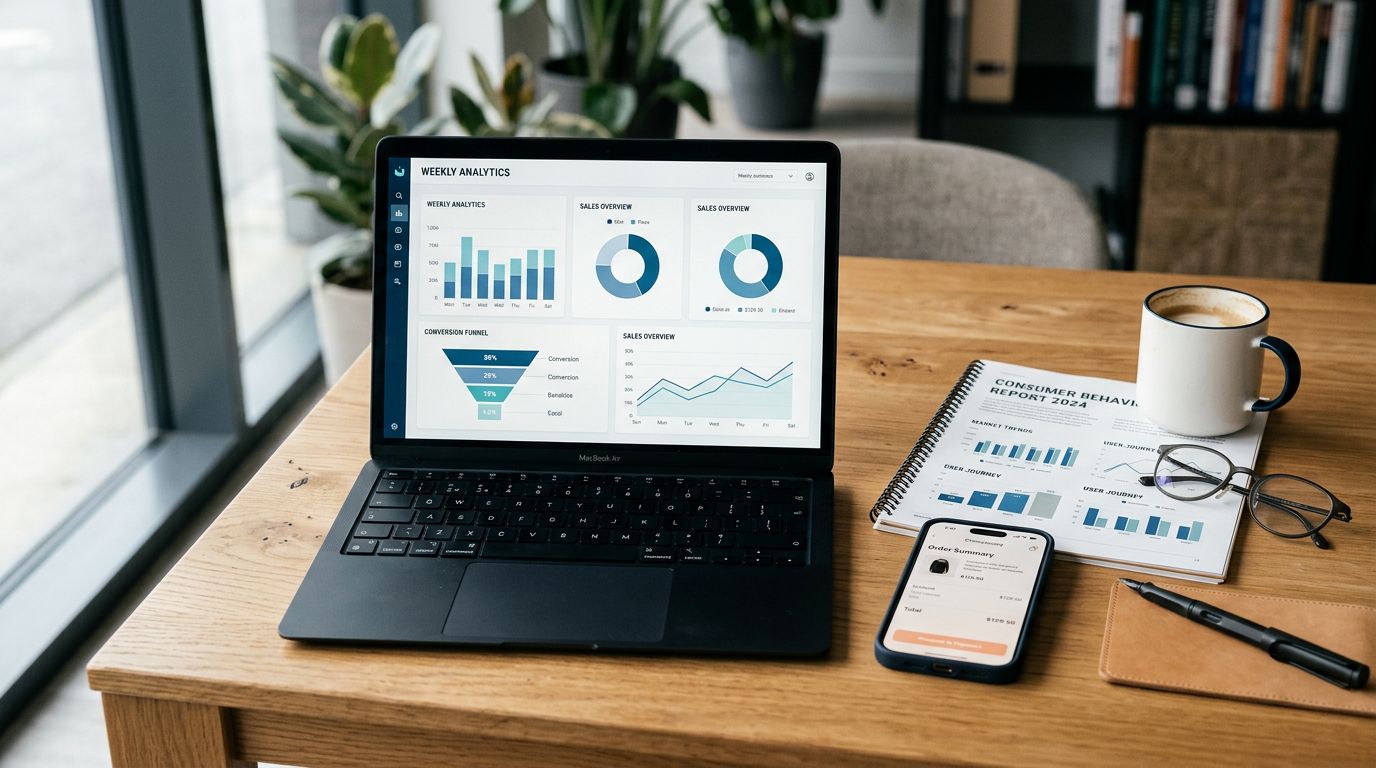 Badania rynku e-commerce - dashboard z analityką sprzedaży i konwersji na laptopie, smartfon z procesem zakupowym oraz raport "Consumer Behavior Report 2024" na biurku.